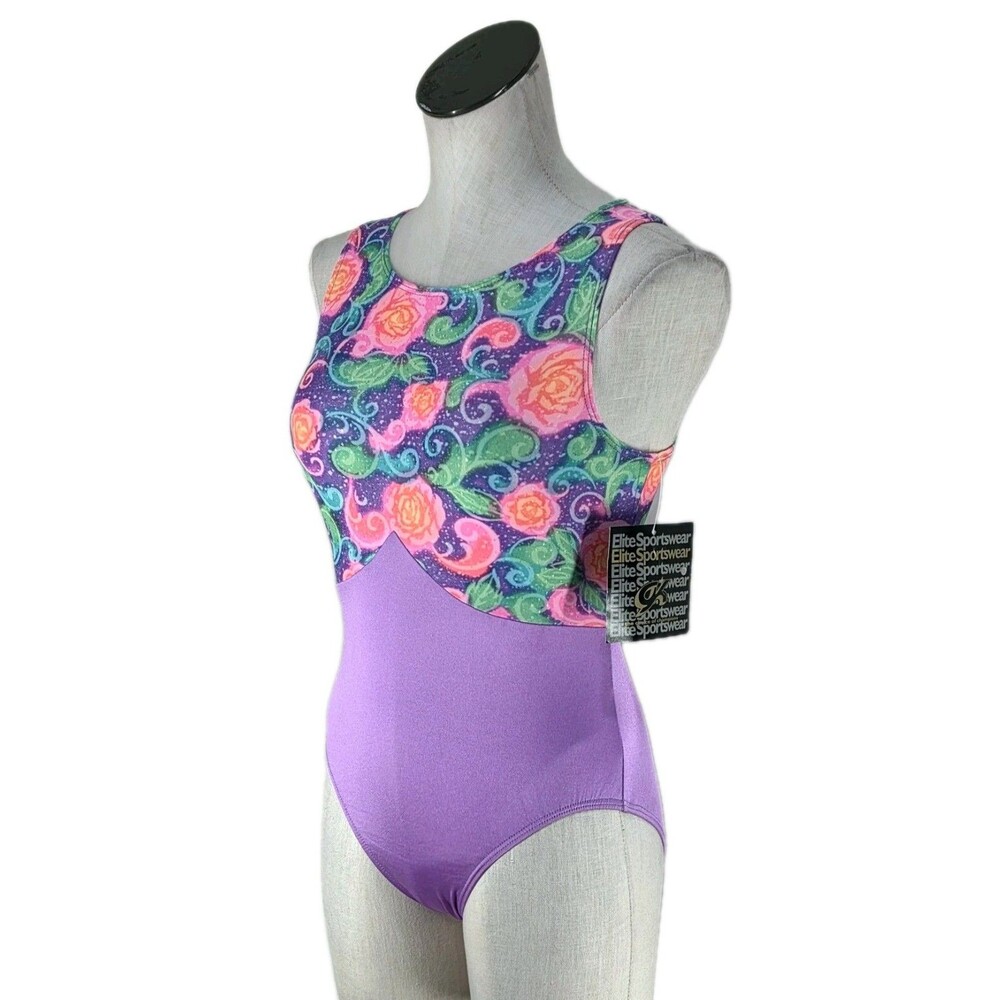 GK Elite VTG Pastel Neon Floral Textured Keyhole Tank Leotard Purple Size AL